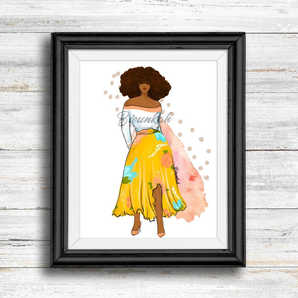 "Fros and Florals" Fashion Illustration Print - Unframed